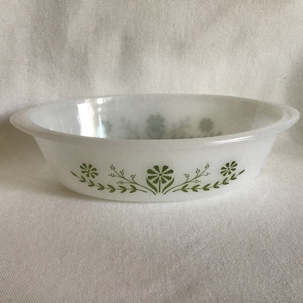 Milk Glass Green Floral Casserole Dish / Bowl